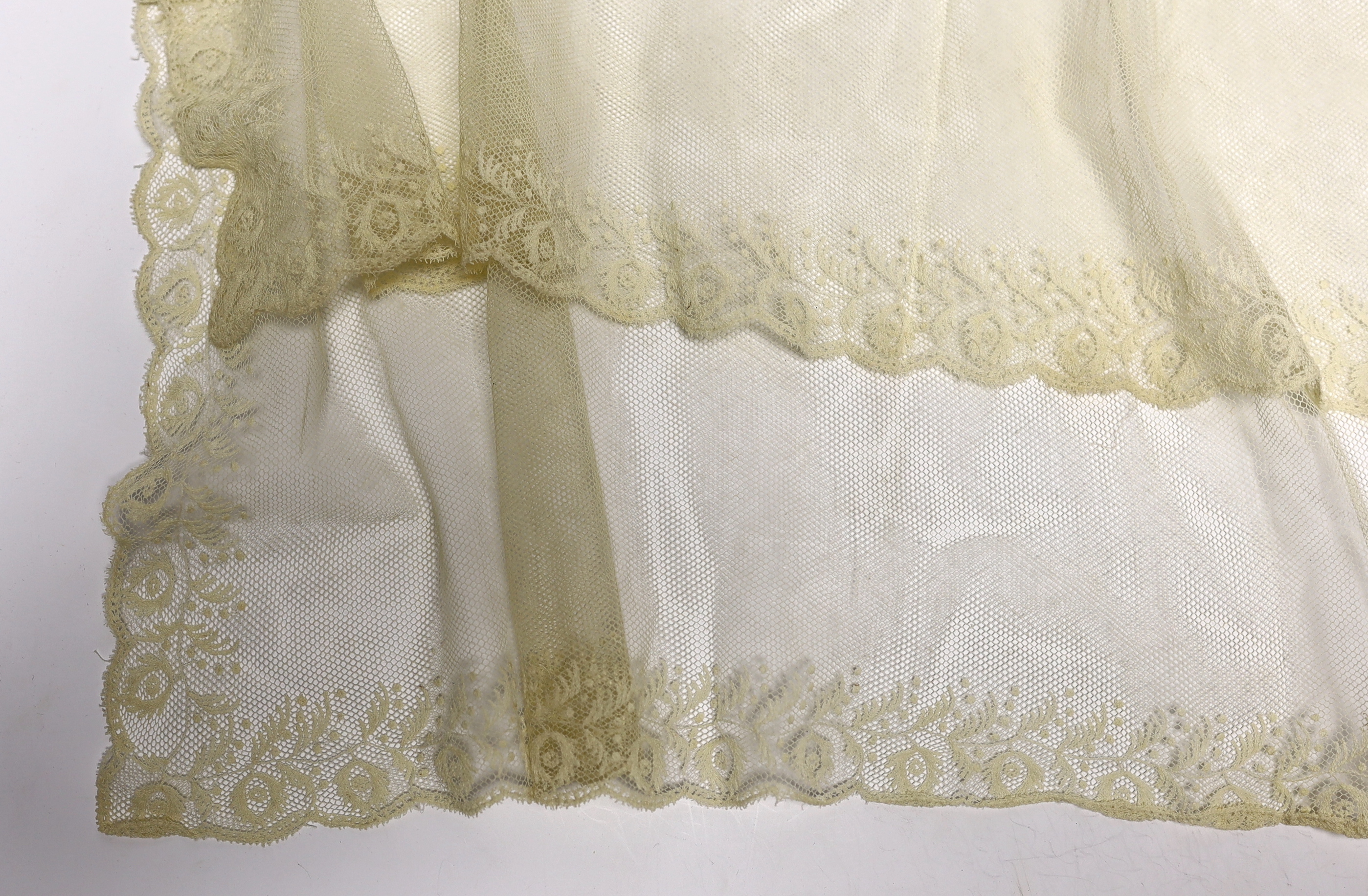 A long 19th century mixed Brussels lace collar, with 20 needle lace oval insertions, a similar wider Honiton bobbin lace collar and a machine lace bonnet veil
